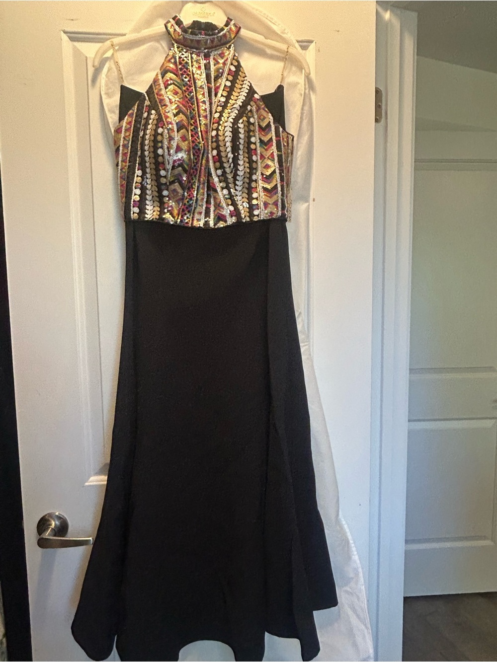 Black Maxi Dress with Embellished Multicolor High Neck Bodice